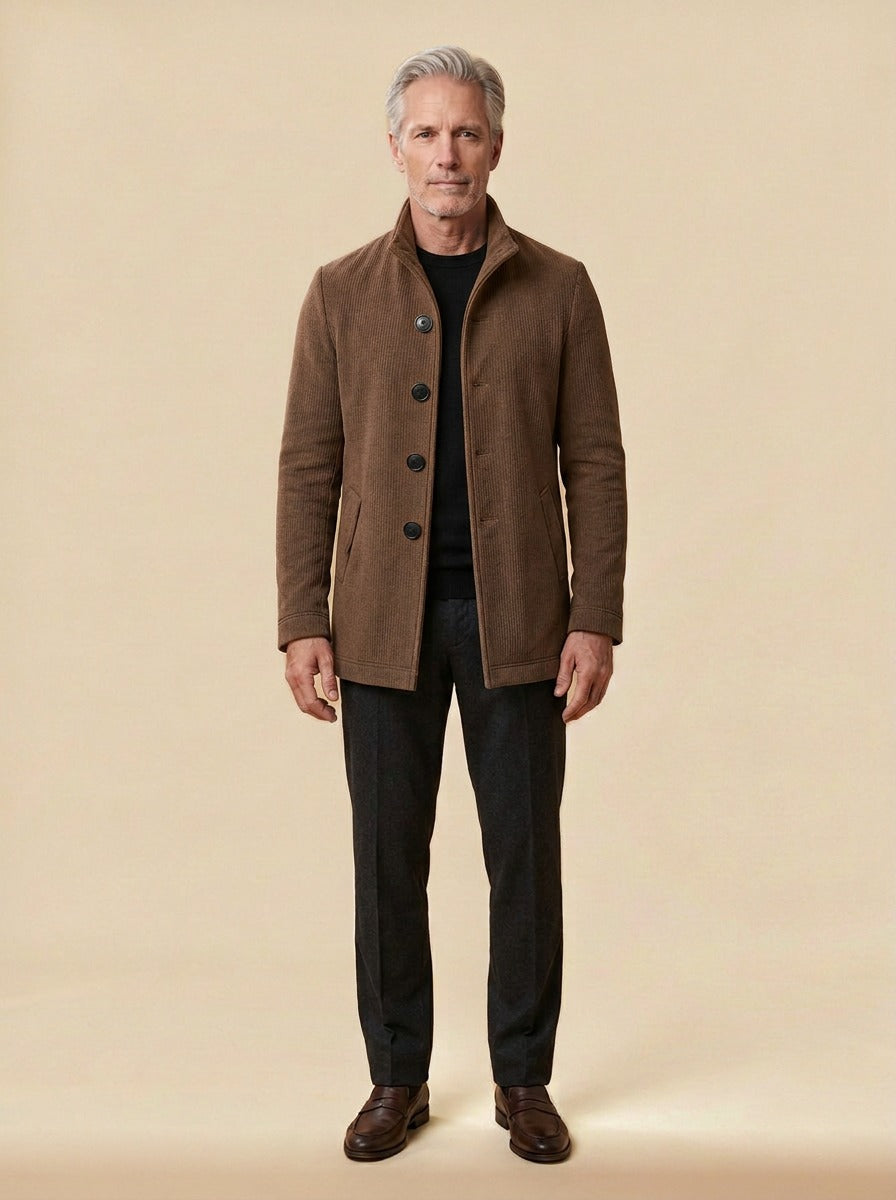 Buckley ribbed stand collar jacket in Brown, studio, Gentlemens Manor
