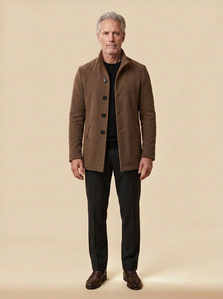 Buckley ribbed stand collar jacket in Brown, studio, Gentlemens Manor