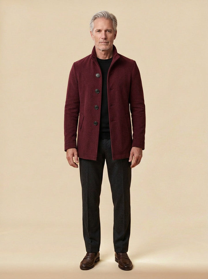 Buckley ribbed stand collar jacket in Burgundy, studio, Gentlemens Manor