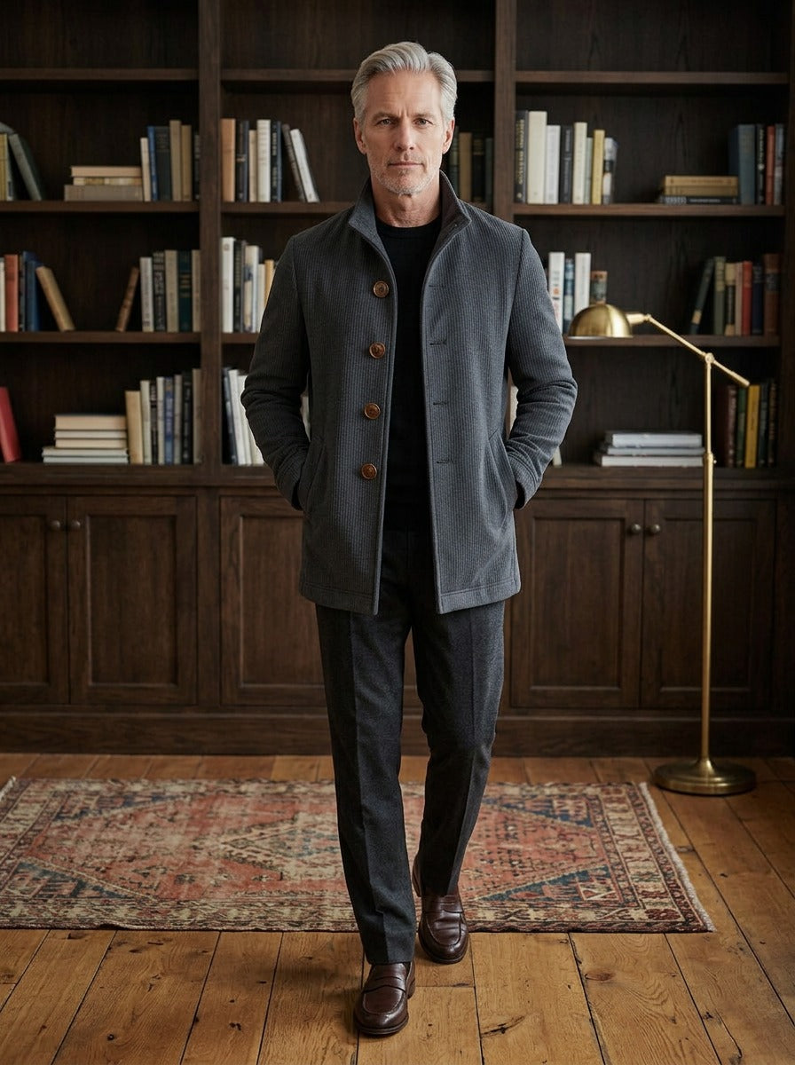 Buckley ribbed stand collar jacket in Charcoal, lifestyle in a private study, Gentlemens Manor