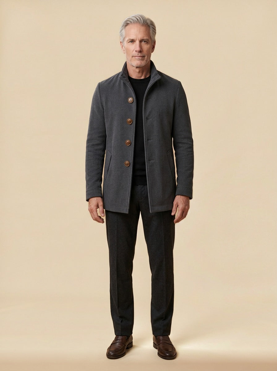 Buckley ribbed stand collar jacket in Charcoal, studio, Gentlemens Manor