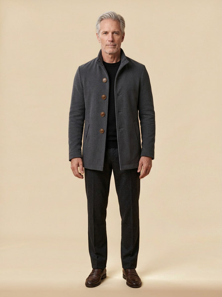 Buckley ribbed stand collar jacket in Charcoal, studio, Gentlemens Manor