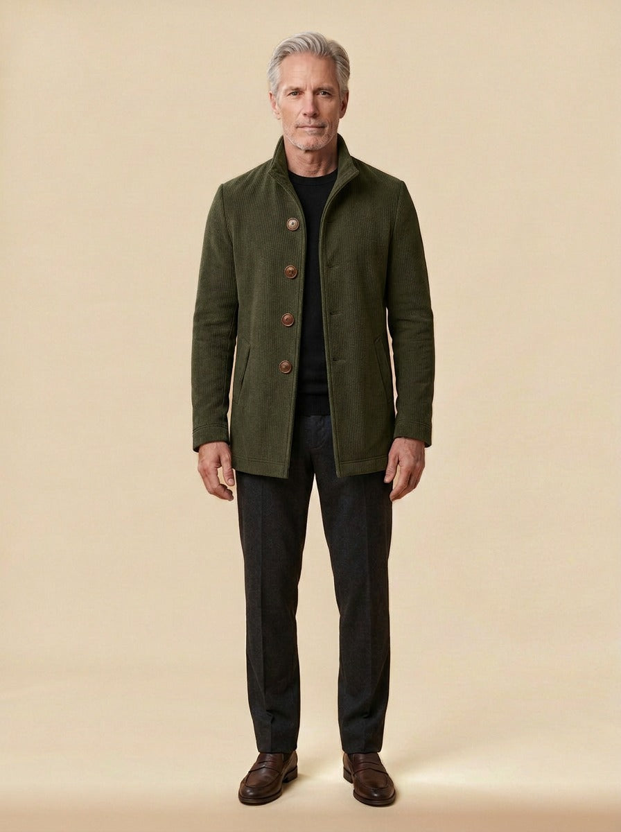 Buckley ribbed stand collar jacket in Olive, studio, Gentlemens Manor