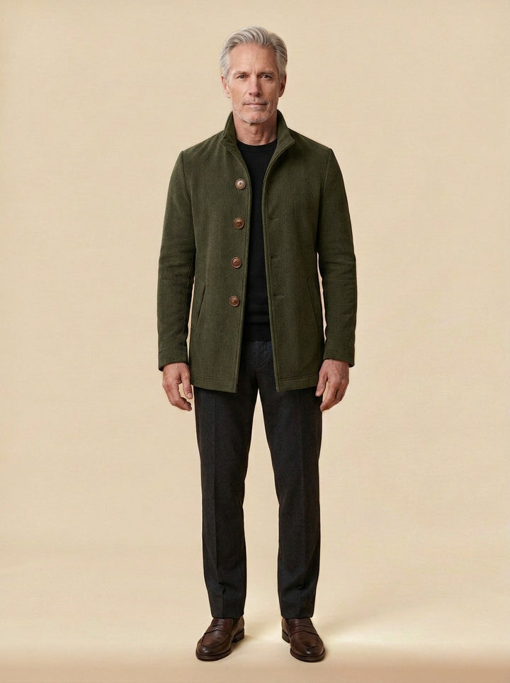 Buckley ribbed stand collar jacket in Olive, studio, Gentlemens Manor