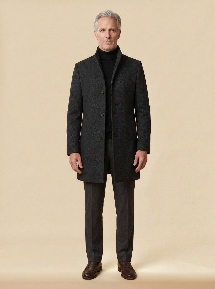 Burgess stand collar wool blend overcoat in Black, studio, Gentlemens Manor