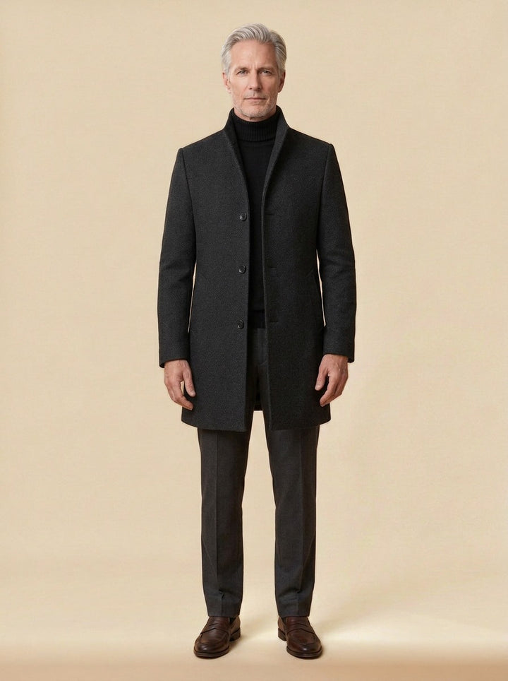 Burgess stand collar wool blend overcoat in Black, studio, Gentlemens Manor