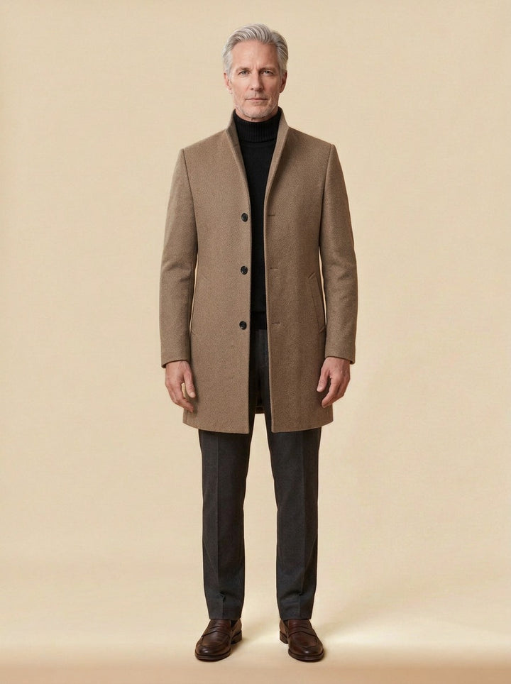 Burgess stand collar wool blend overcoat in Camel, studio, Gentlemens Manor