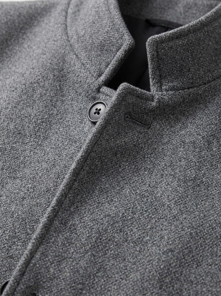 Burgess stand collar wool blend overcoat, fabric close up, Gentlemens Manor