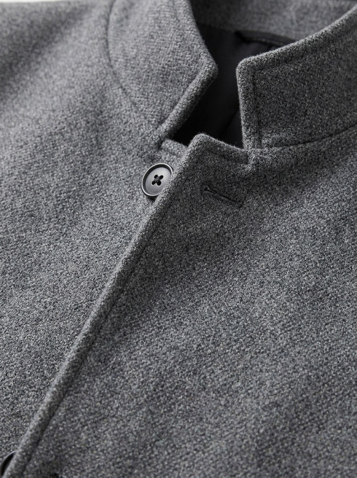 Burgess stand collar wool blend overcoat, fabric close up, Gentlemens Manor