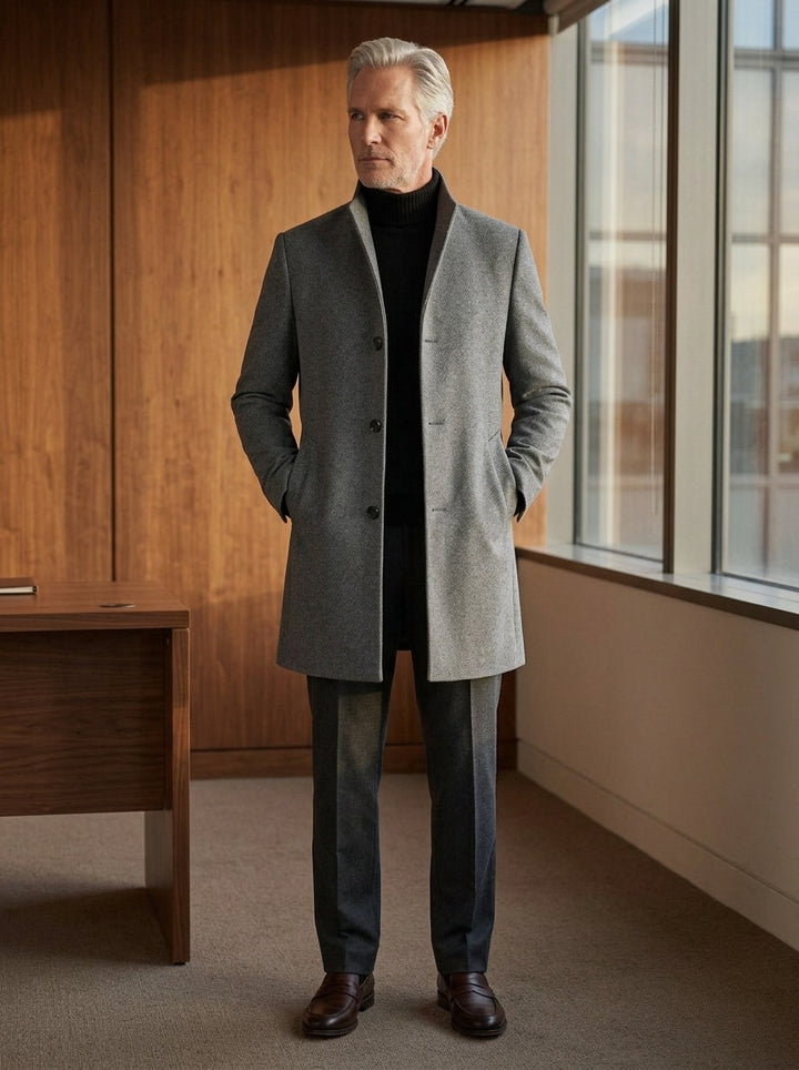 Burgess stand collar wool blend overcoat in Grey, lifestyle in a timber paneled office, Gentlemens Manor