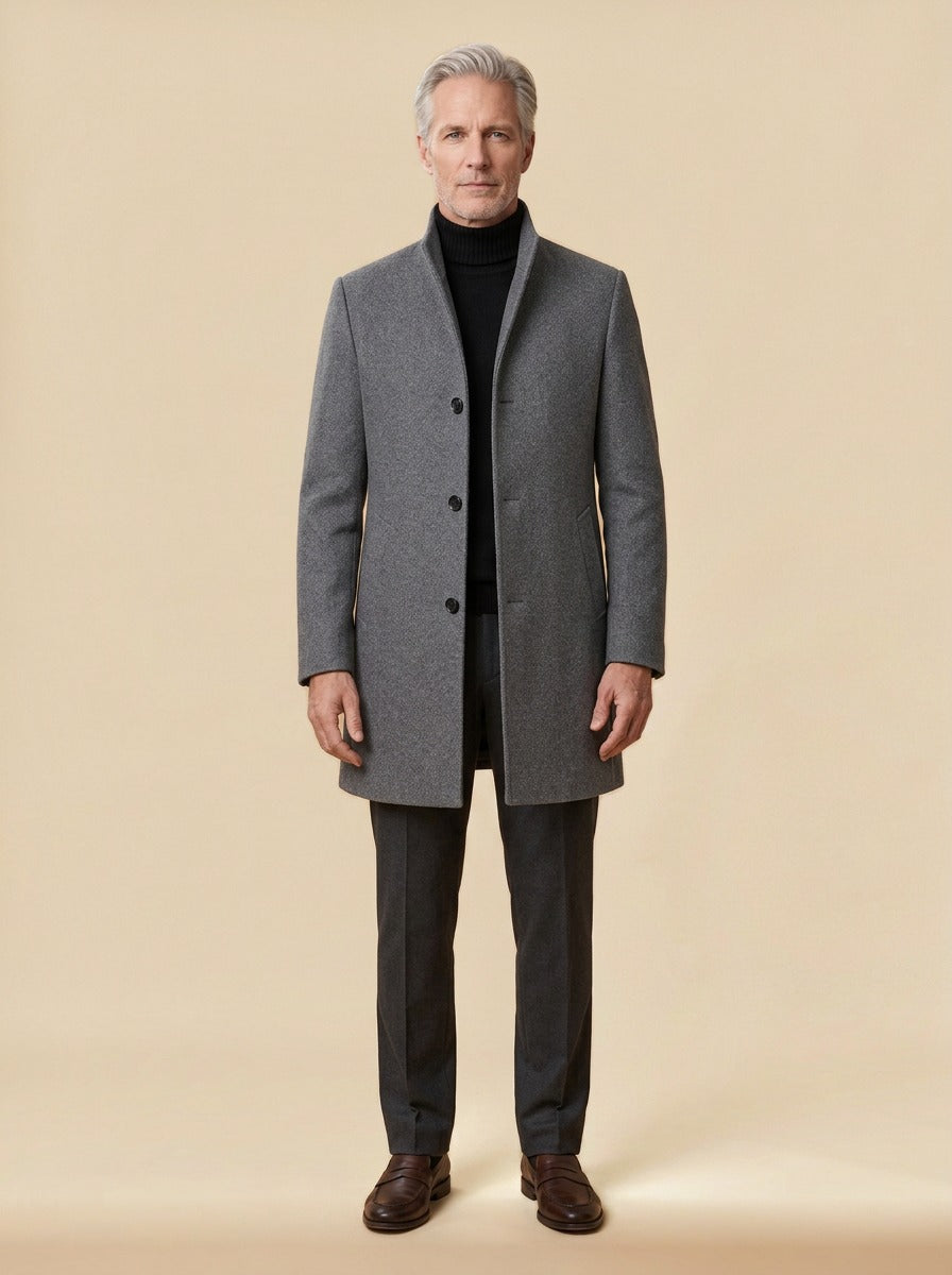 Burgess stand collar wool blend overcoat in Grey, studio, Gentlemens Manor