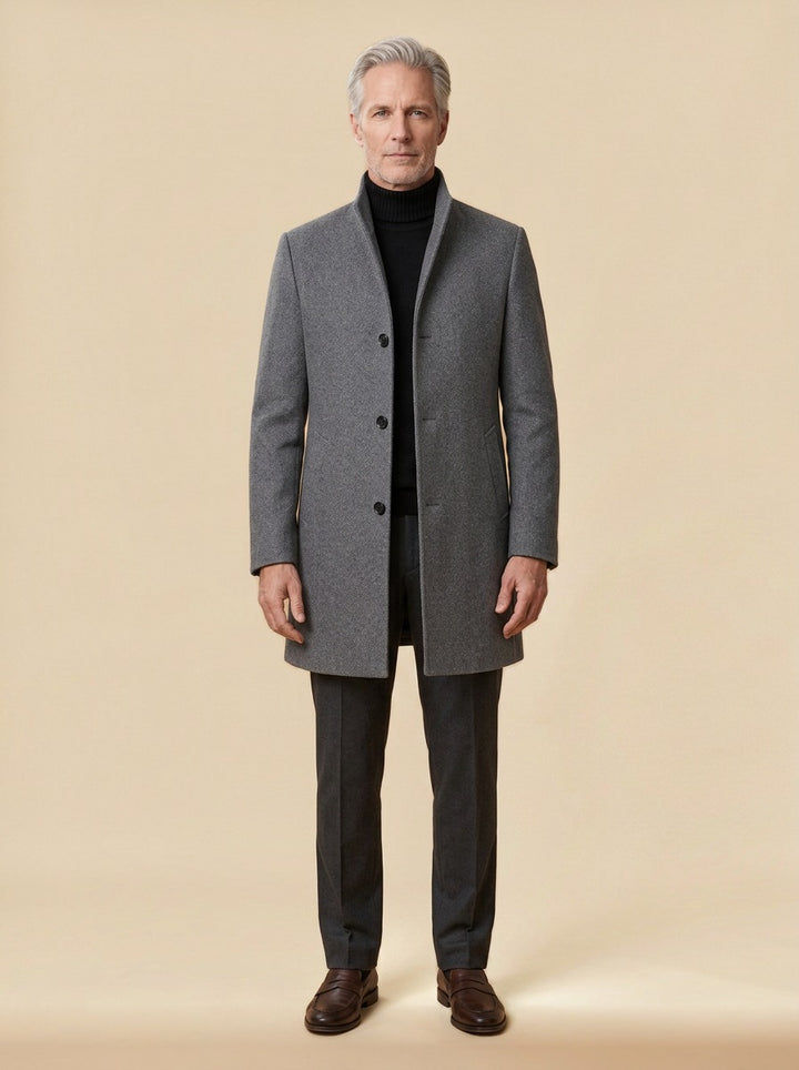 Burgess stand collar wool blend overcoat in Grey, studio, Gentlemens Manor