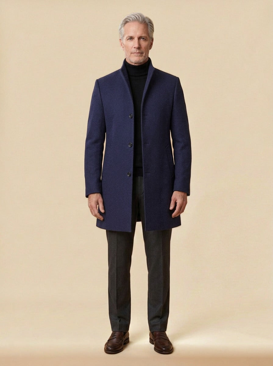 Burgess stand collar wool blend overcoat in Navy, studio, Gentlemens Manor