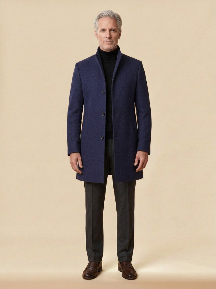 Burgess stand collar wool blend overcoat in Navy, studio, Gentlemens Manor