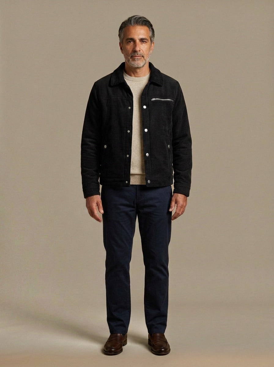 Burke sherpa lined corduroy jacket in Black, studio, Gentlemens Manor