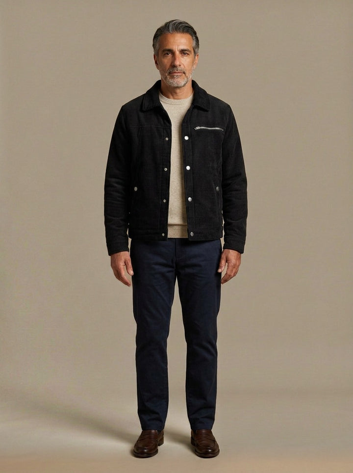 Burke sherpa lined corduroy jacket in Black, studio, Gentlemens Manor