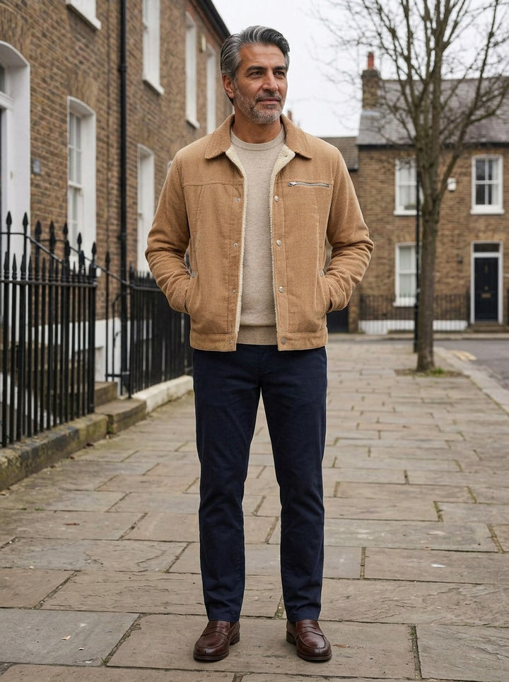 Burke sherpa lined corduroy jacket in Camel, lifestyle on a street of brick row houses, Gentlemens Manor