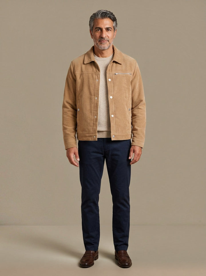 Burke sherpa lined corduroy jacket in Camel, studio, Gentlemens Manor