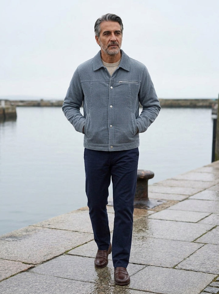 Burke sherpa lined corduroy jacket in Grey, lifestyle on a stone harbor quay, Gentlemens Manor