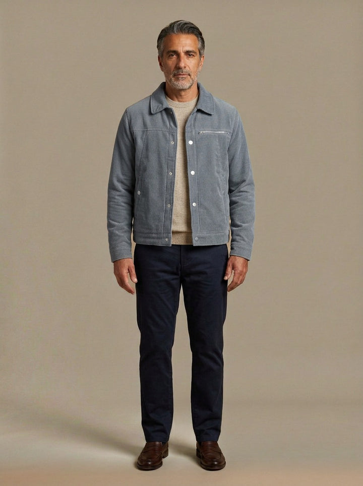 Burke sherpa lined corduroy jacket in Grey, studio, Gentlemens Manor