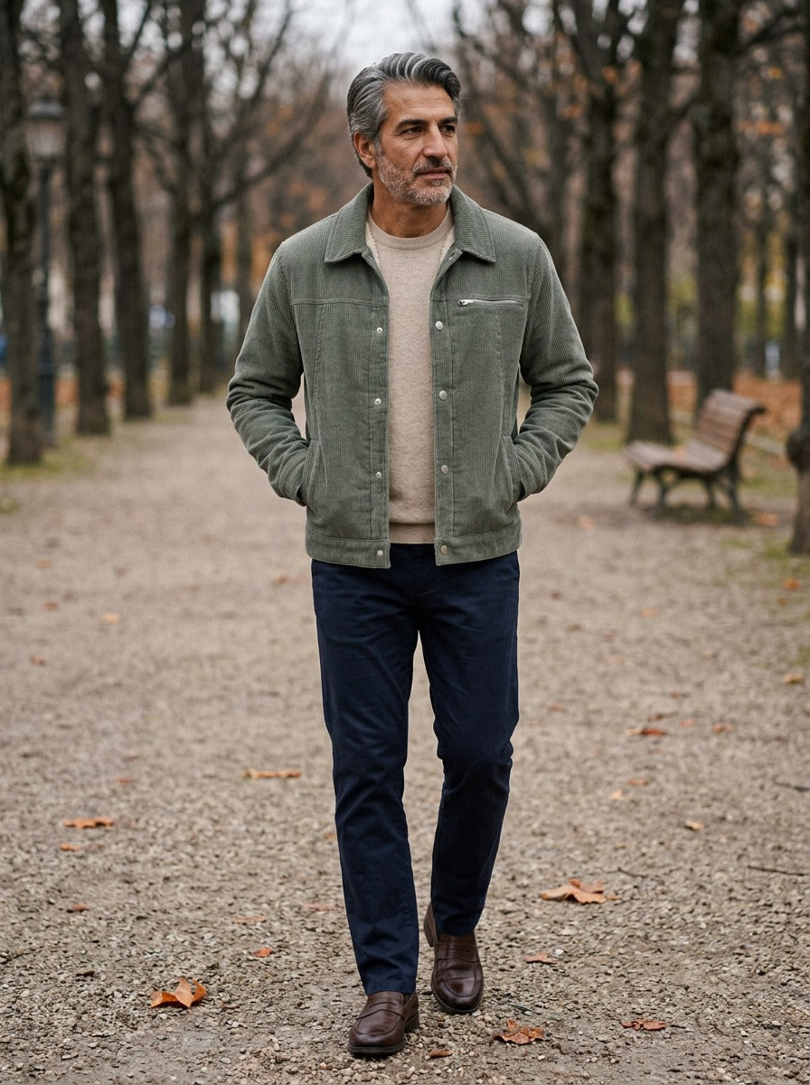 Burke sherpa lined corduroy jacket in Olive, lifestyle on a park path, Gentlemens Manor