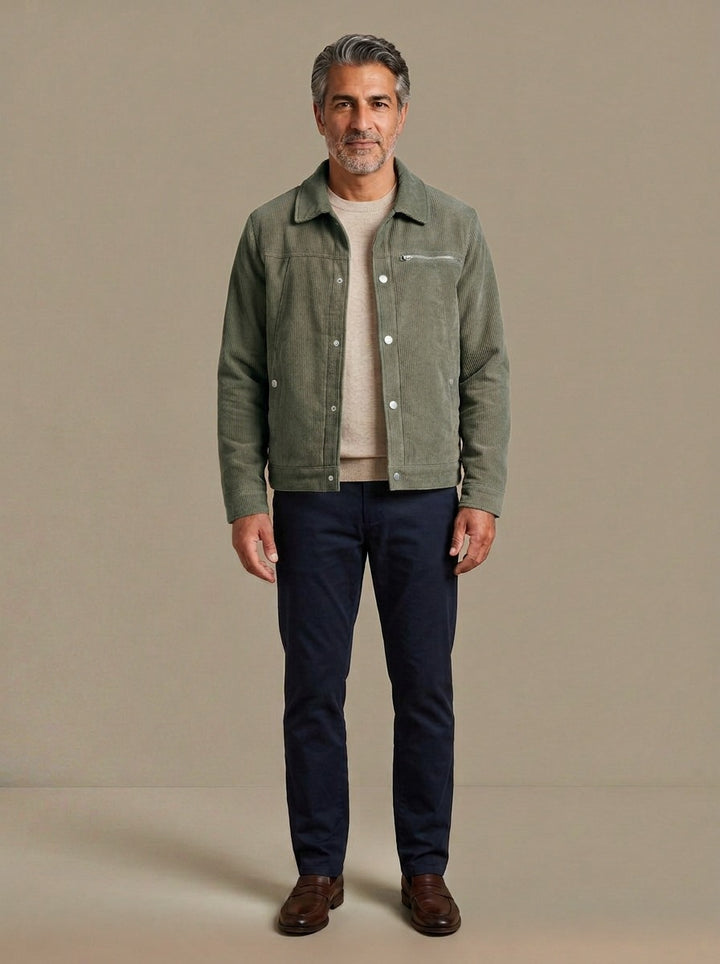 Burke sherpa lined corduroy jacket in Olive, studio, Gentlemens Manor