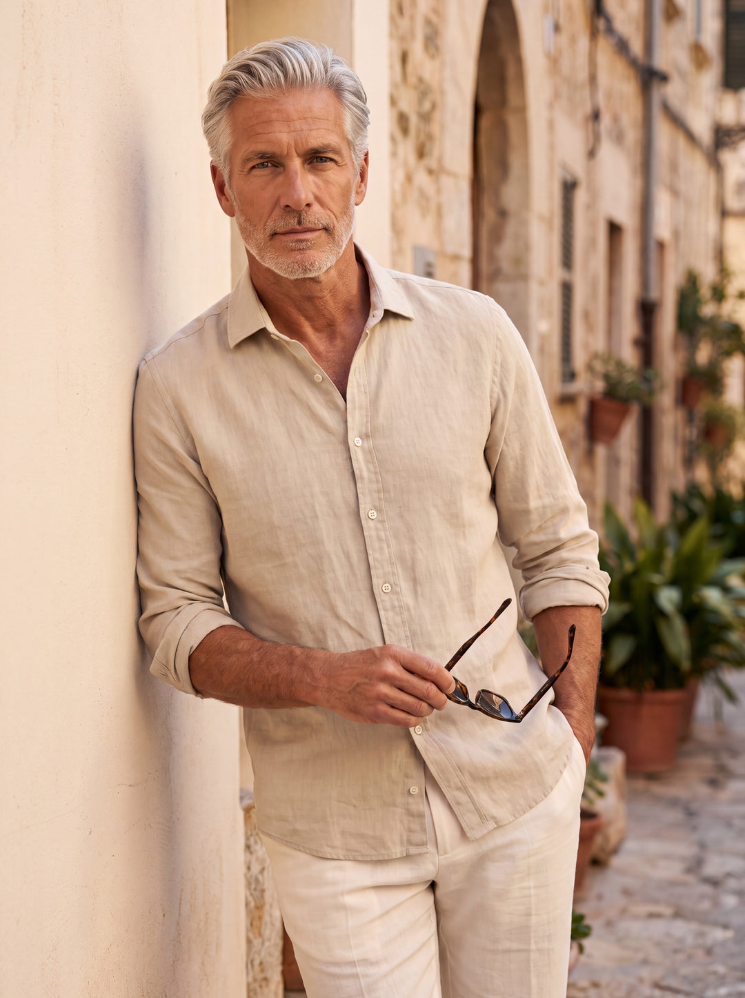 Burton Men linen shirt in Sand, worn by a model on a Mediterranean terrace - Gentlemens Manor lifestyle