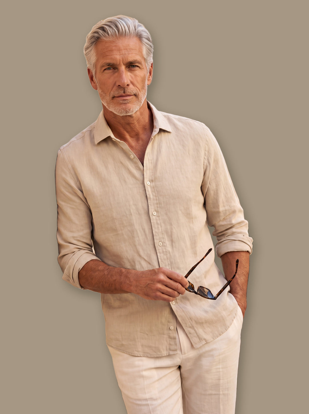Burton linen shirt in Sand, studio - Gentlemens Manor