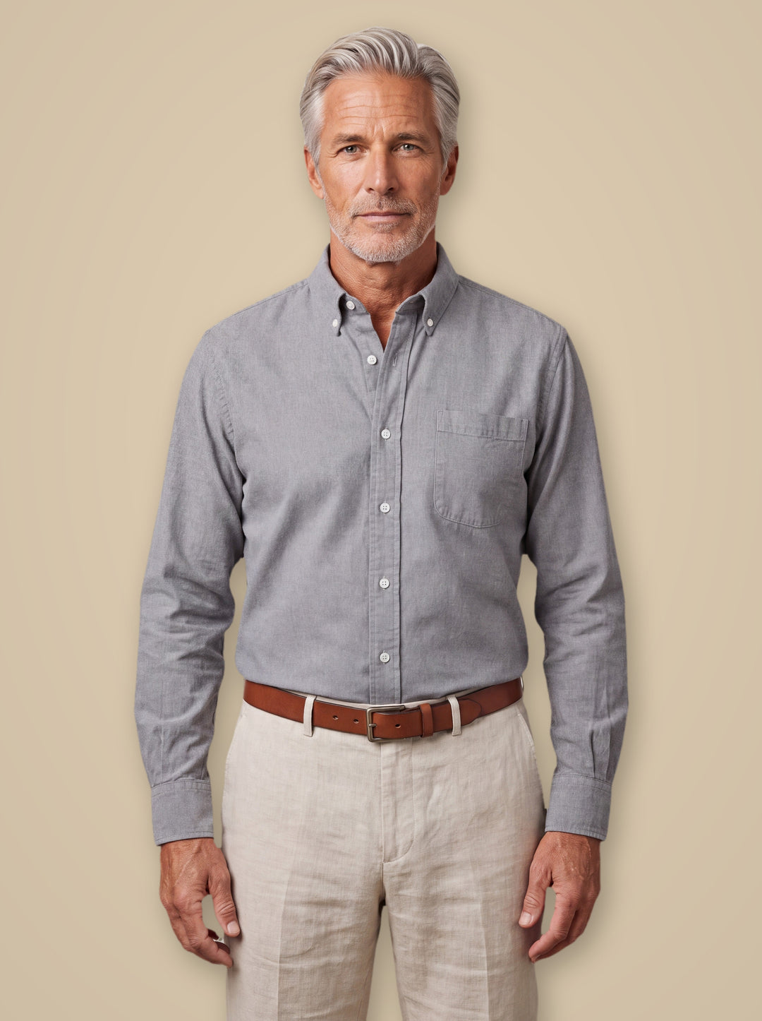 Byron casual shirt in Light Grey, worn by a model on a warm taupe studio background - Gentlemens Manor