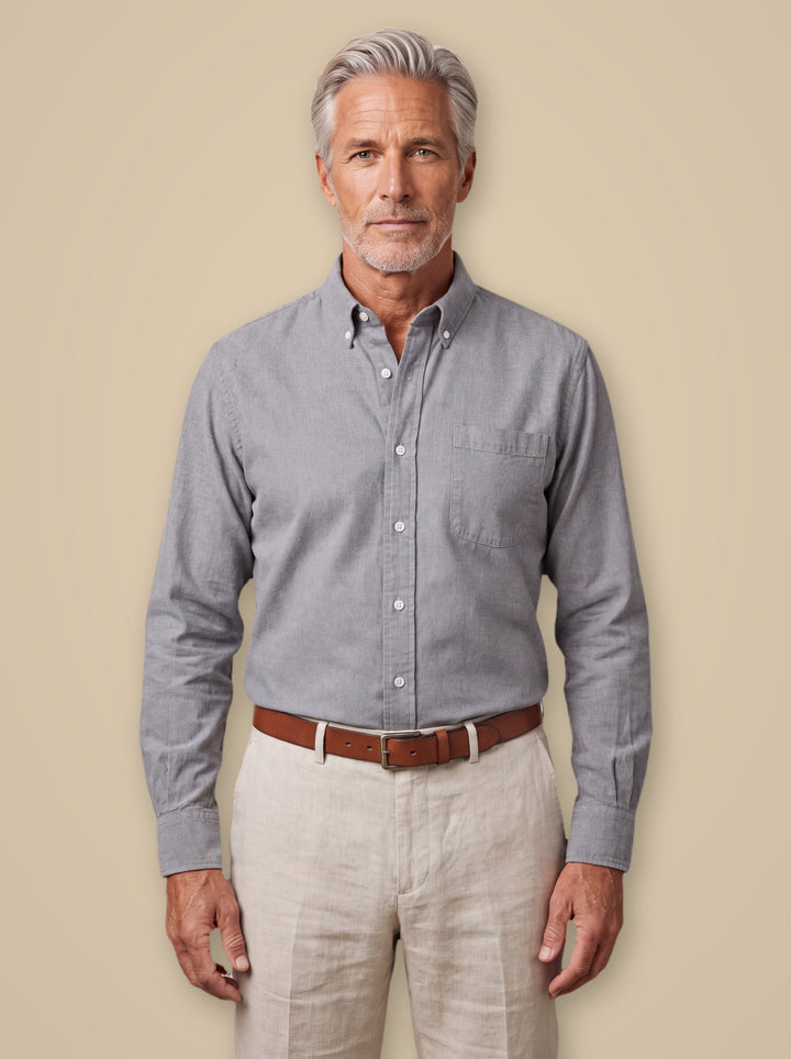 Byron casual shirt in Light Grey, worn by a model on a warm taupe studio background - Gentlemens Manor