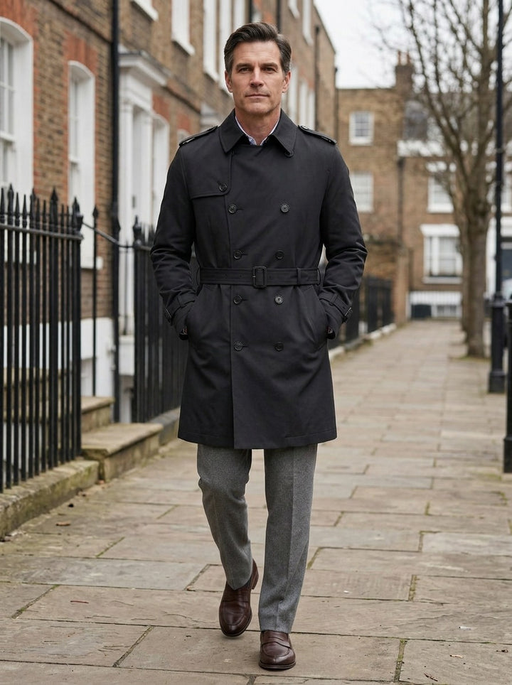 Cabot double breasted trench coat in Black, lifestyle on a street of brick row houses, Gentlemens Manor