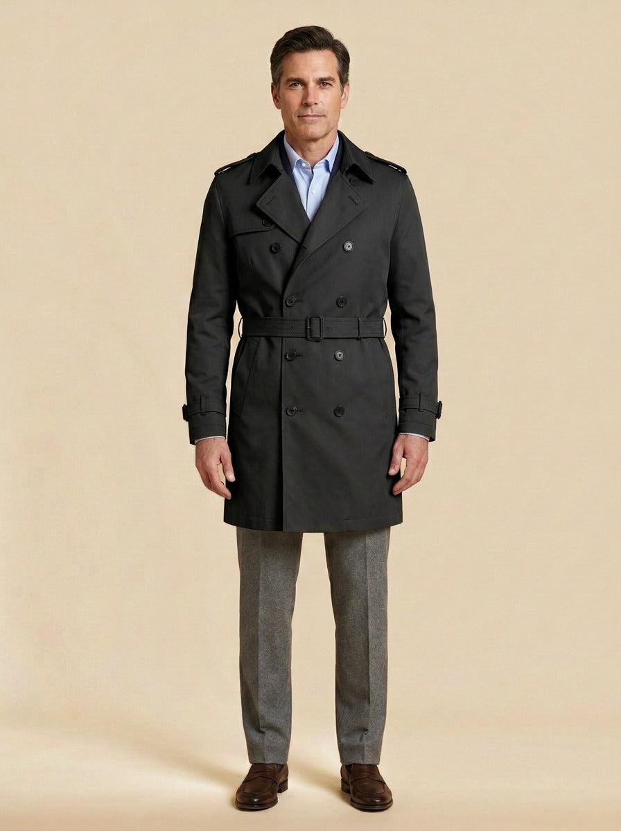 Cabot double breasted trench coat in Black, studio, Gentlemens Manor