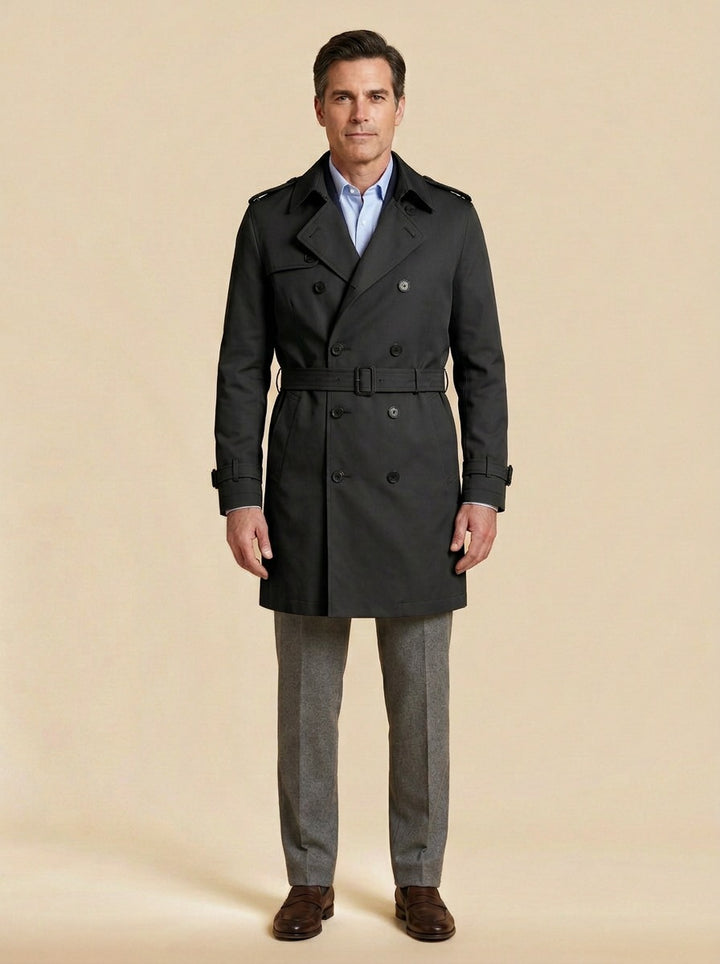 Cabot double breasted trench coat in Black, studio, Gentlemens Manor