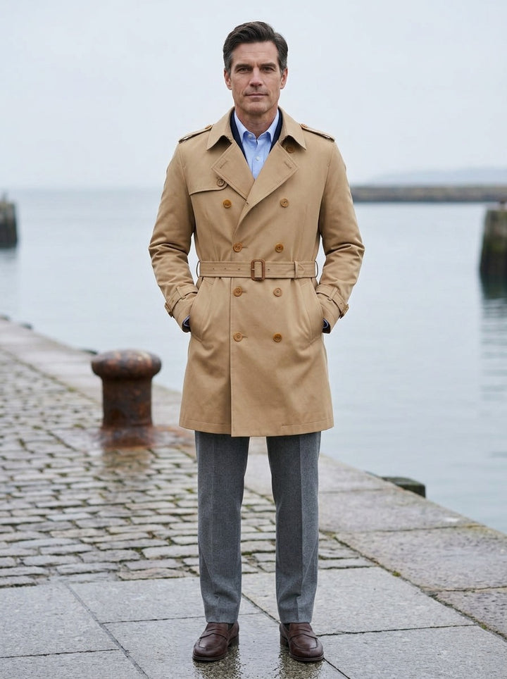 Cabot double breasted trench coat in Camel, lifestyle on a stone harbor quay, Gentlemens Manor