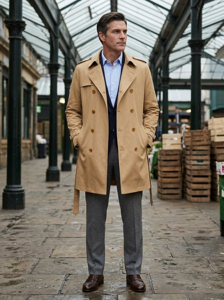 Cabot double breasted trench coat in Camel, lifestyle in a covered market hall, Gentlemens Manor