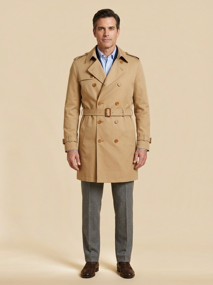 Cabot double breasted trench coat in Camel, studio, Gentlemens Manor