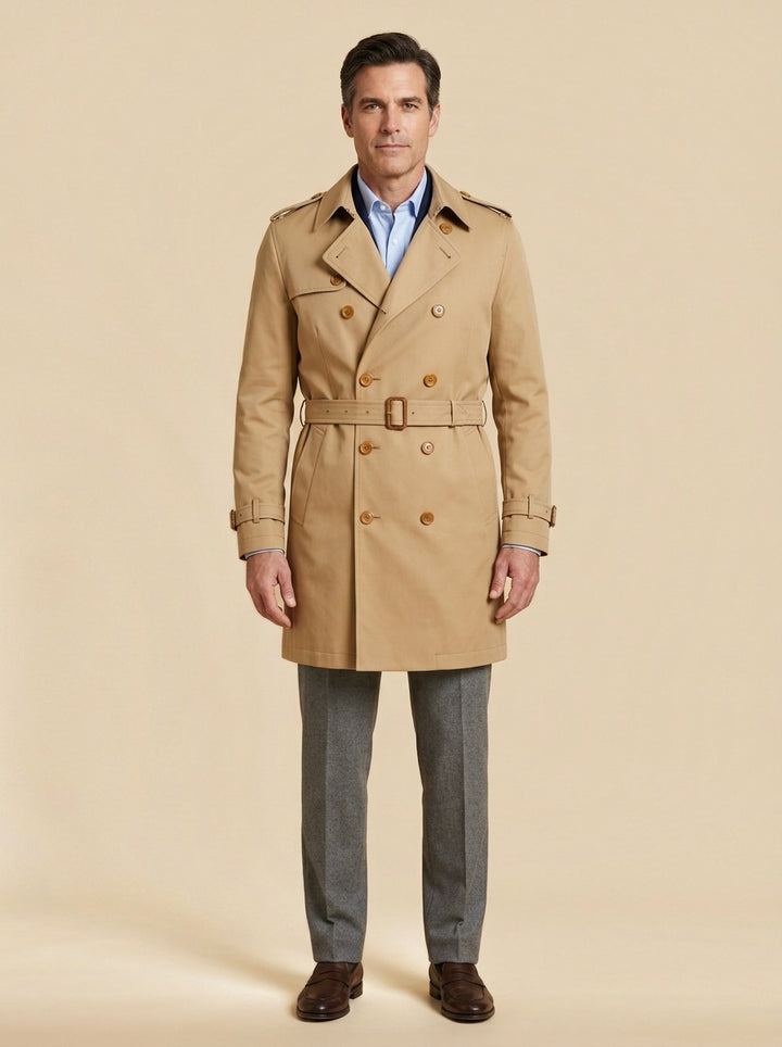 Cabot double breasted trench coat in Camel, studio, Gentlemens Manor