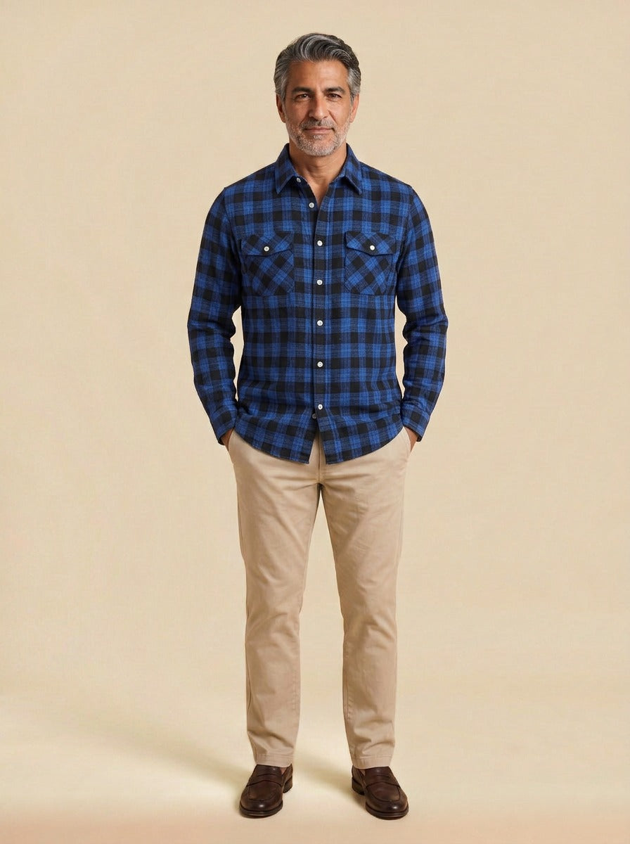 Cadwell plaid flannel shirt in Blue, studio, Gentlemens Manor
