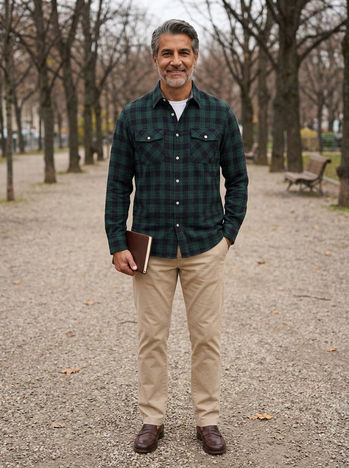 Cadwell plaid flannel shirt in Green, lifestyle on a park path, Gentlemens Manor
