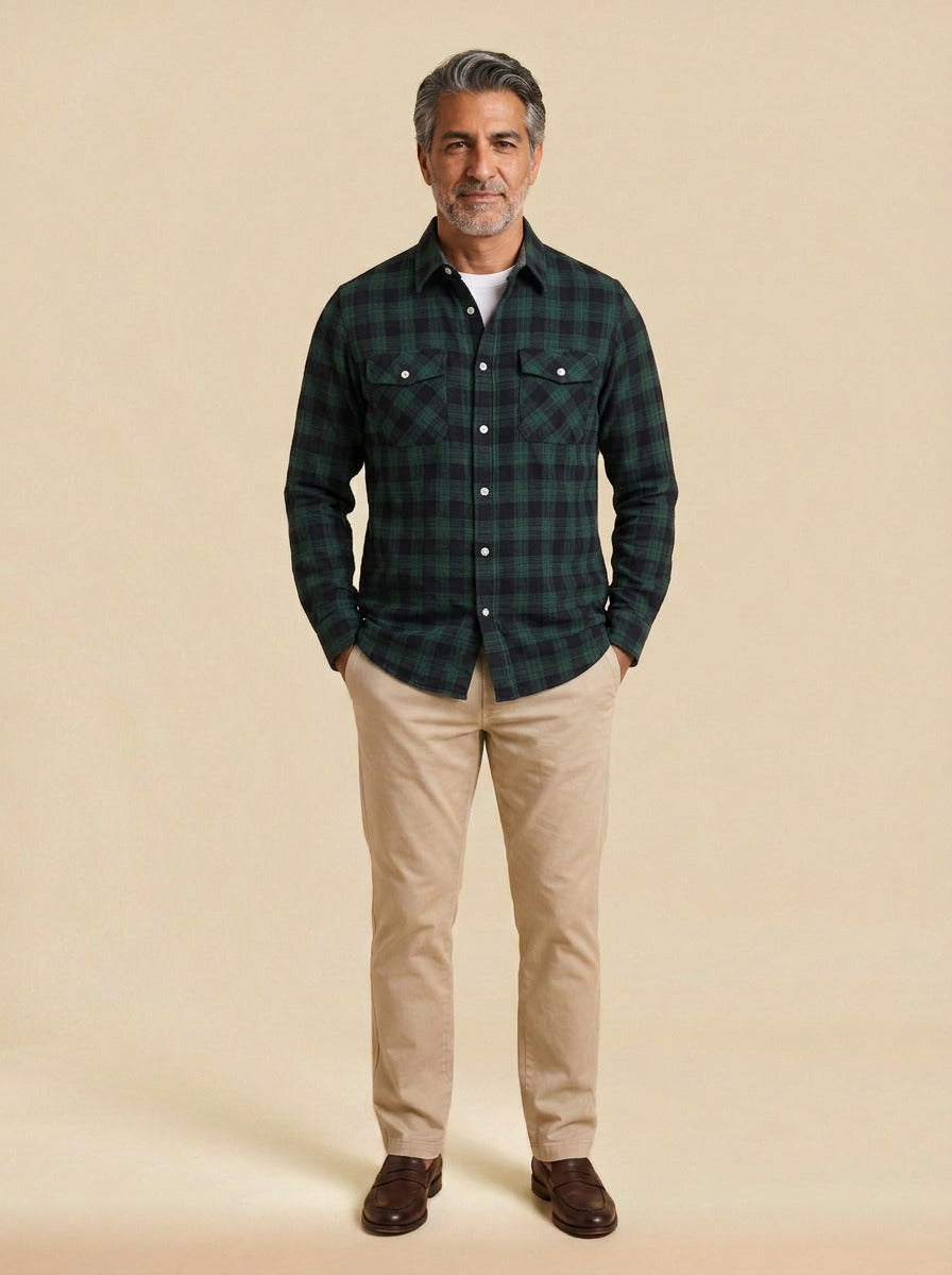 Cadwell plaid flannel shirt in Green, studio, Gentlemens Manor