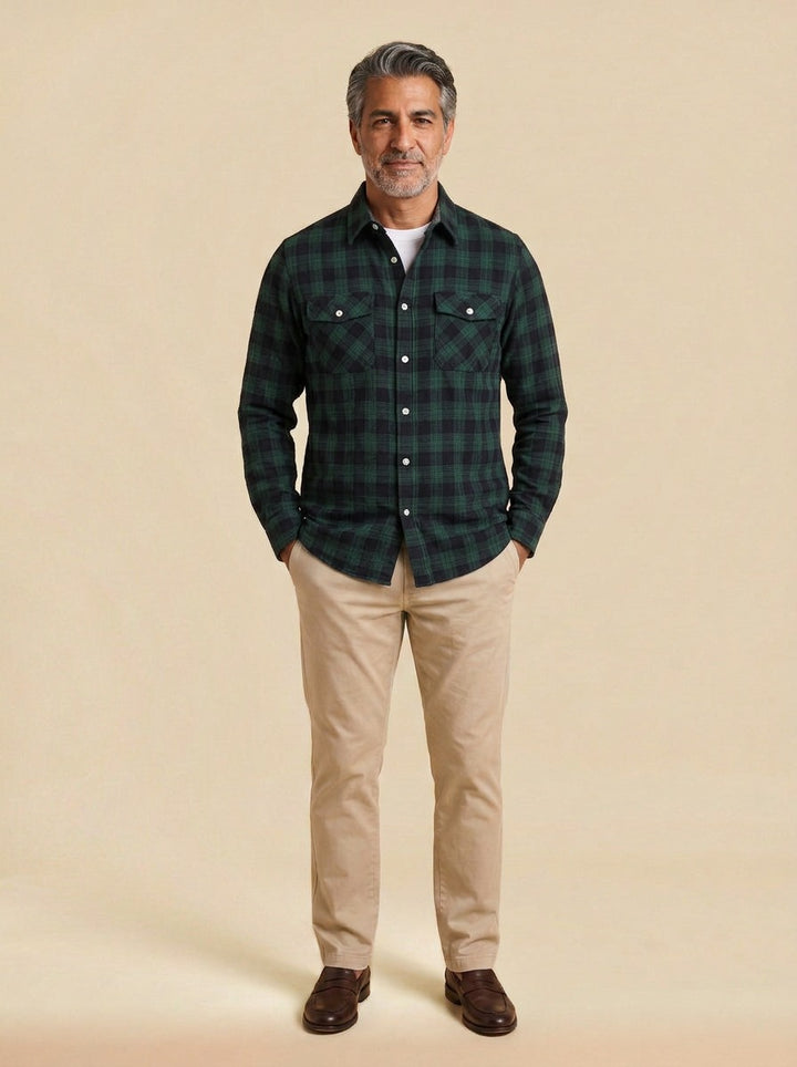 Cadwell plaid flannel shirt in Green, studio, Gentlemens Manor