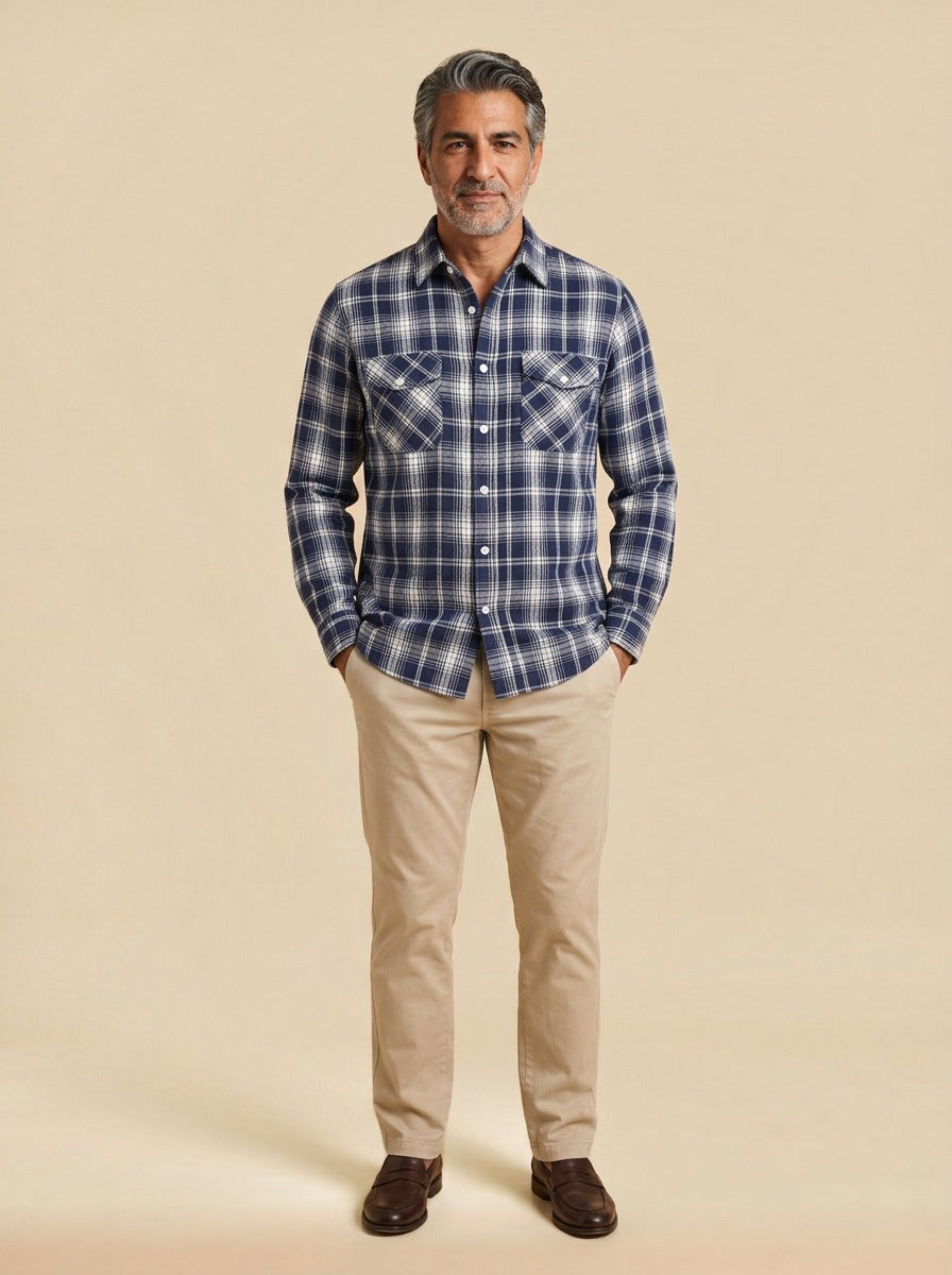 Cadwell plaid flannel shirt in Navy, studio, Gentlemens Manor
