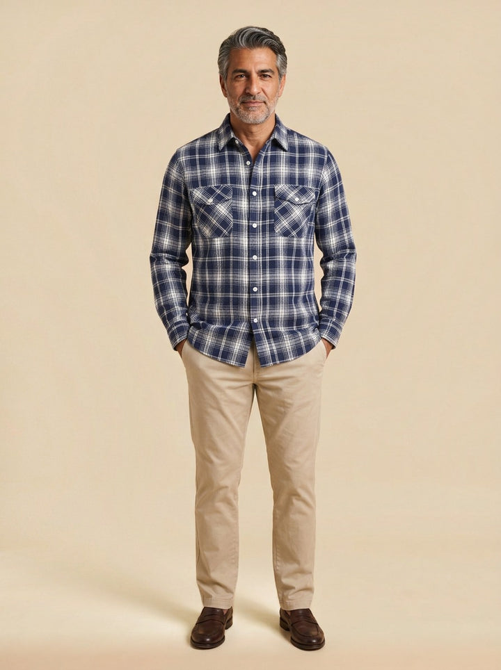 Cadwell plaid flannel shirt in Navy, studio, Gentlemens Manor