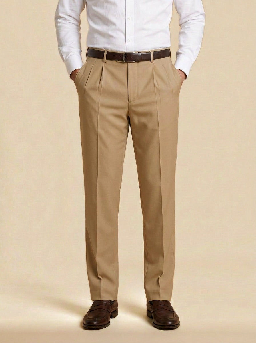 Calder pleated dress pants in Khaki, studio, Gentlemens Manor