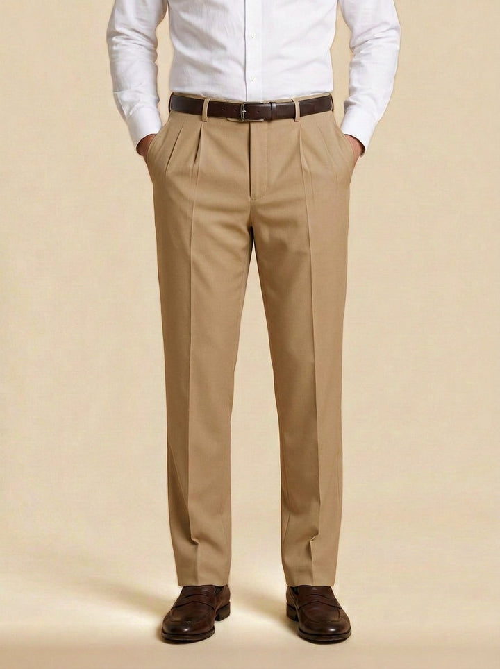 Calder pleated dress pants in Khaki, studio, Gentlemens Manor