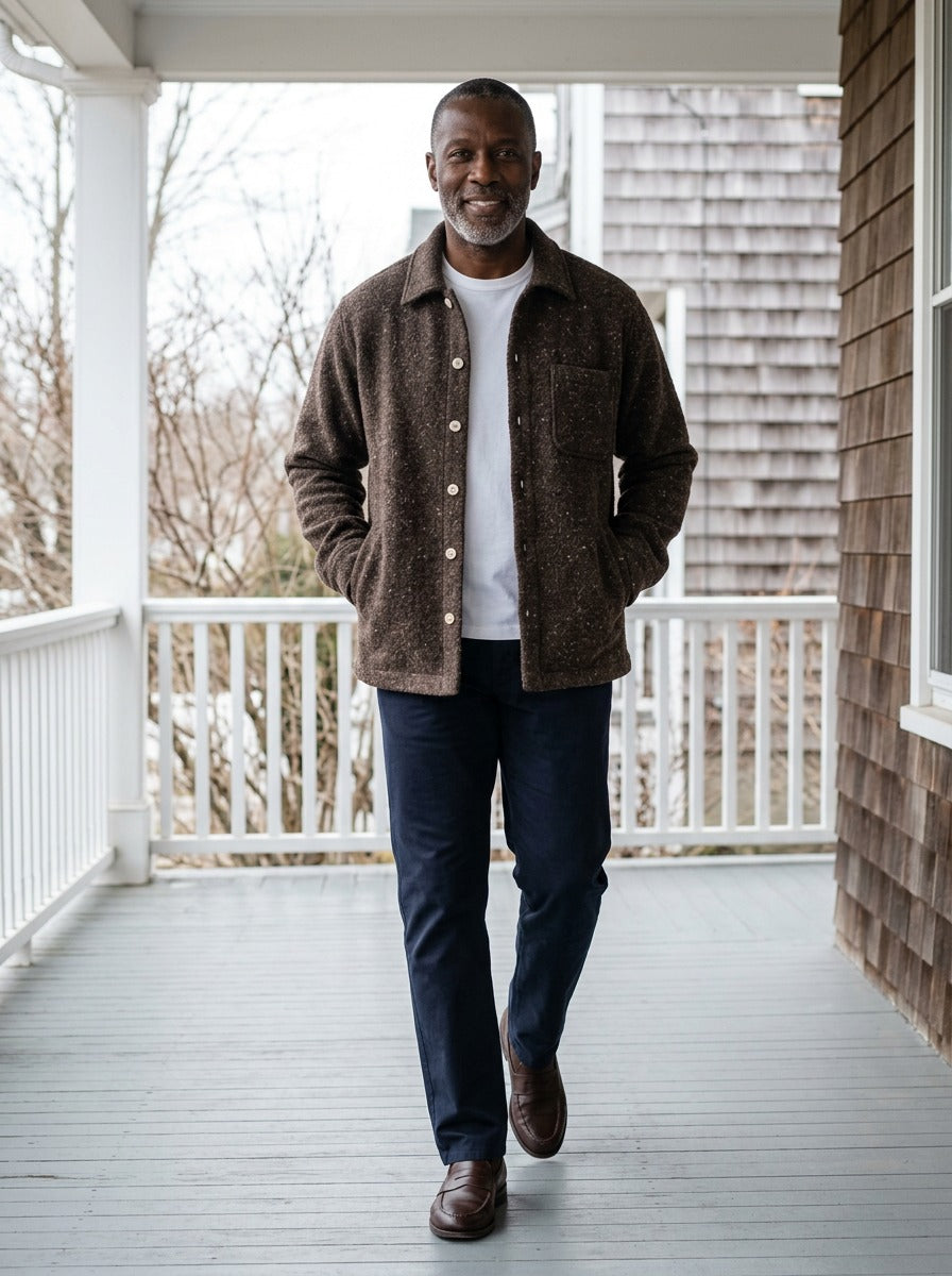 Callahan boucle shirt jacket in Brown, lifestyle on a covered porch, Gentlemens Manor