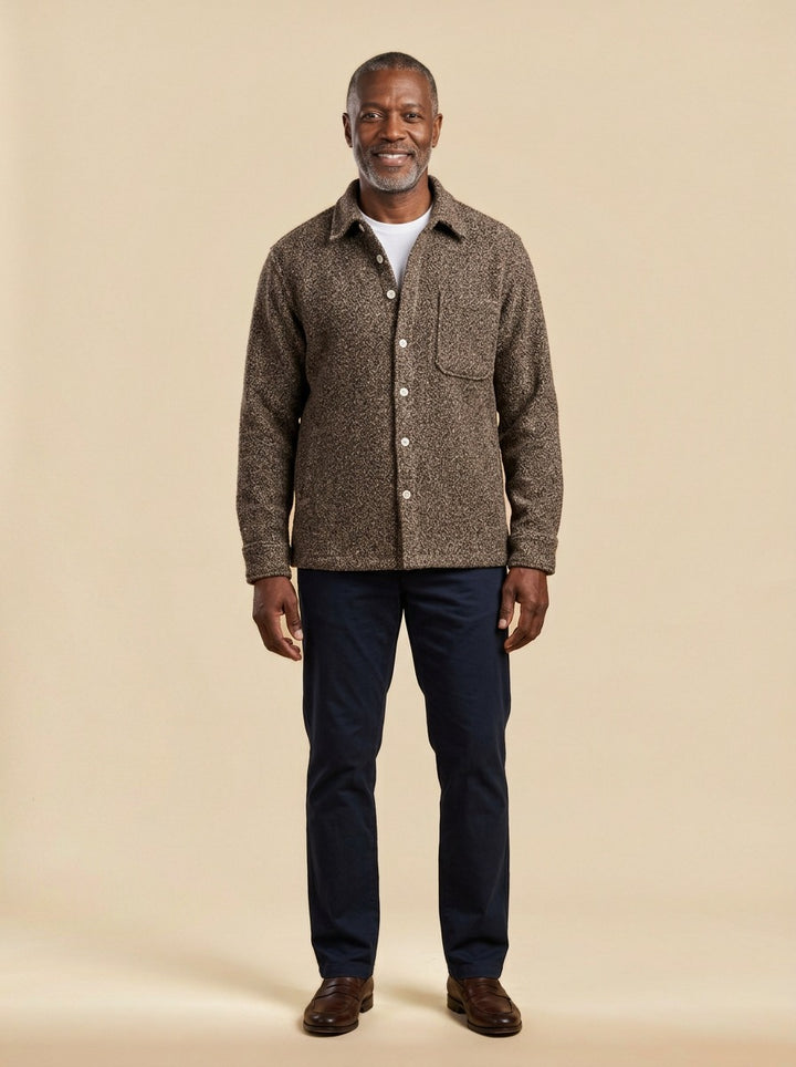 Callahan boucle shirt jacket in Brown, studio, Gentlemens Manor