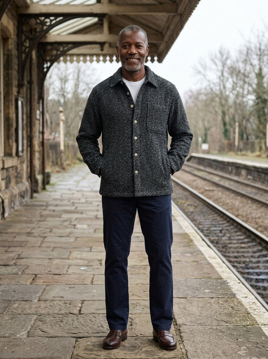 Callahan boucle shirt jacket in Charcoal, lifestyle on a railway platform, Gentlemens Manor