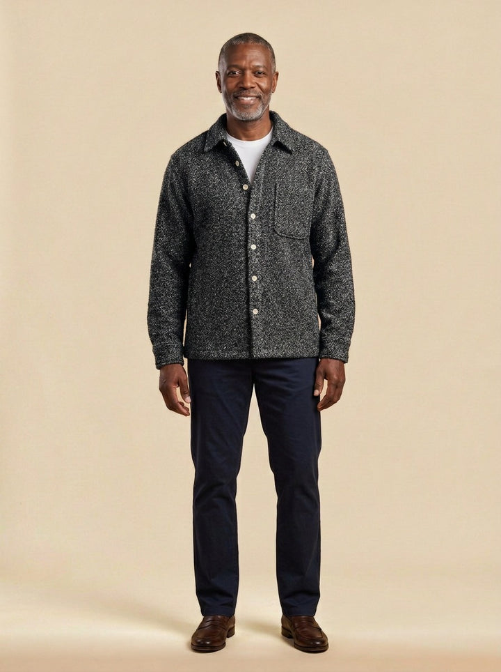 Callahan boucle shirt jacket in Charcoal, studio, Gentlemens Manor