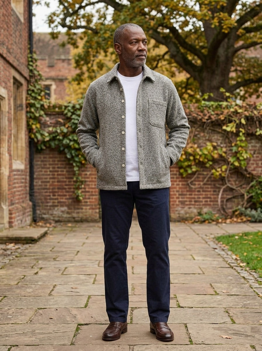 Callahan boucle shirt jacket in Grey, lifestyle in a brick college courtyard, Gentlemens Manor